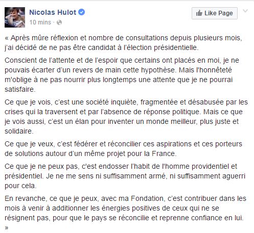 Nicolas Hulot ne sera pas candidat à la présidentielle de 2017 Nicolas Hulot ne sera pas candidat à la présidentielle de 2017